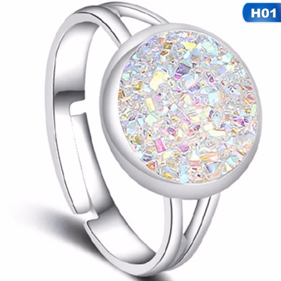 Druzy White Chunky Crystal Adjustable Silver Ring - Picture 6 of 7